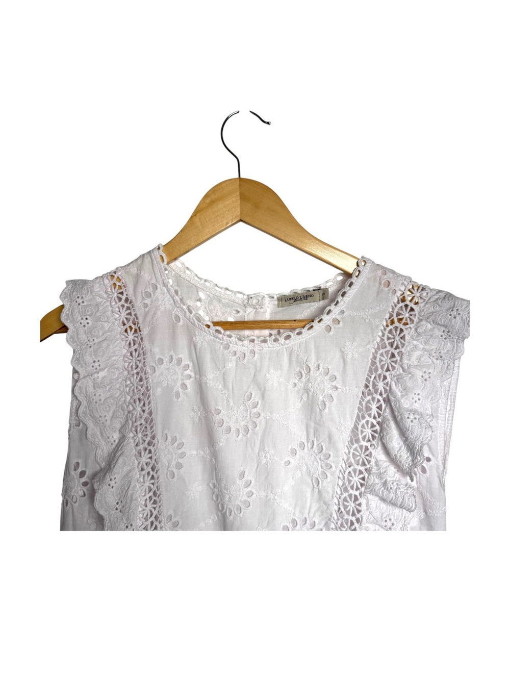 Lungo L’Arno Broderie Angleaise Eyelet Blouse Size Small White Sleeveless Italy - Picture 5 of 15